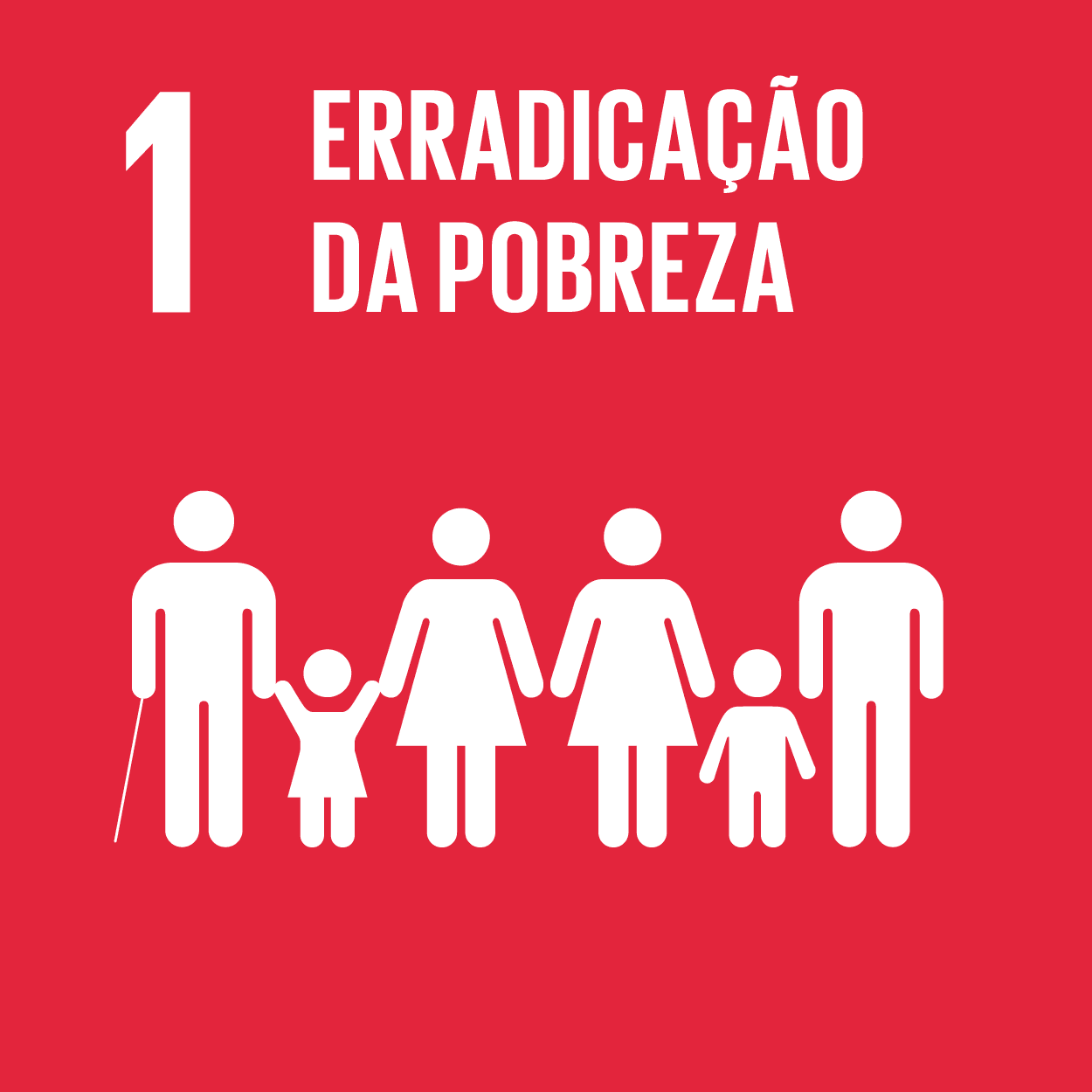 Ícone da ODS 1 — Erradicação da Pobreza. Em fundo vermelho, o número 1 aparece ao lado da frase "Erradicação da Pobreza". Abaixo, uma sequência de figuras humanas representando diversidade: adultos, crianças, uma mulher, e uma pessoa com deficiência visual segurando uma bengala. O conjunto simboliza a luta contra a pobreza em todas as formas e para todos os públicos.