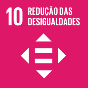 Ícone da ODS 10 Redução das Desigualdades. Em fundo rosa, o número 10 aparece ao lado da frase "Redução das Desigualdades". Abaixo, símbolo com dois traços horizontais iguais no centro, cercados por quatro setas brancas apontando para cima, baixo, esquerda e direita, representando inclusão e equidade.
