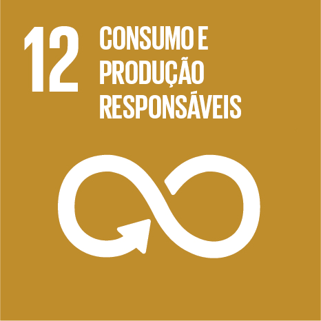 Ícone da ODS 12 — Consumo e Produção Responsáveis. Em fundo amarelo-ocre, o número 12 aparece ao lado da frase "Consumo e Produção Responsáveis". Abaixo, um símbolo branco em forma de infinito com uma seta circular integrada, representando o ciclo sustentável de produção e consumo.