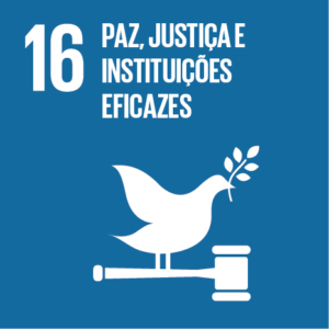 Ícone da ODS 16 Paz, Justiça e Instituições Eficazes. Em fundo azul, o número 16 aparece ao lado da frase "Paz, Justiça e Instituições Eficazes". Abaixo, uma pomba branca pousada sobre um martelo de juiz, segurando um ramo de oliveira no bico símbolos da paz e da justiça.