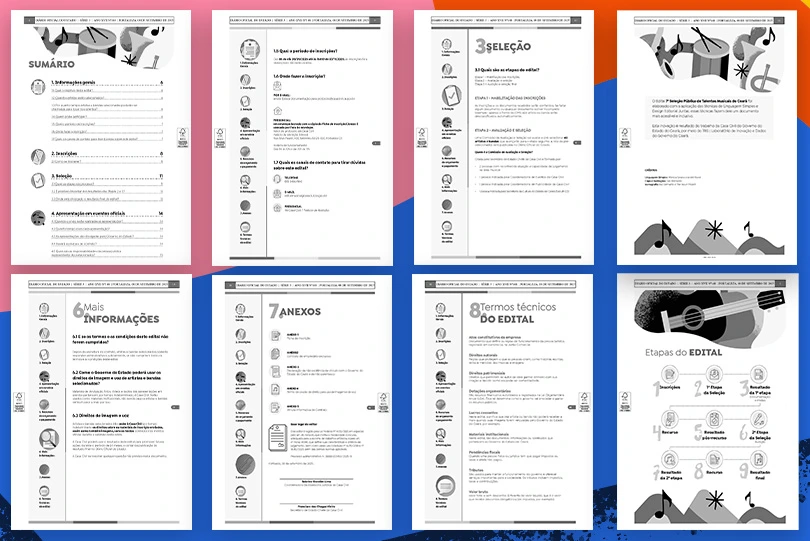 Montagem com oito páginas de um edital cultural. As páginas exibem sumário, informações sobre inscrição, seleção, anexos, termos técnicos e fluxograma das etapas do edital.
