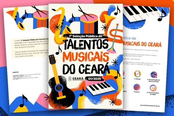 Capa e páginas internas do edital 7ª Seleção Pública de Talentos Musicais do Ceará 01/2025, com ilustrações de instrumentos musicais como violão, teclado, saxofone, trompete e bateria.
