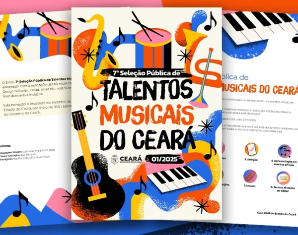 Capa e páginas internas do edital 7ª Seleção Pública de Talentos Musicais do Ceará 01/2025, com ilustrações de instrumentos musicais como violão, teclado, saxofone, trompete e bateria.