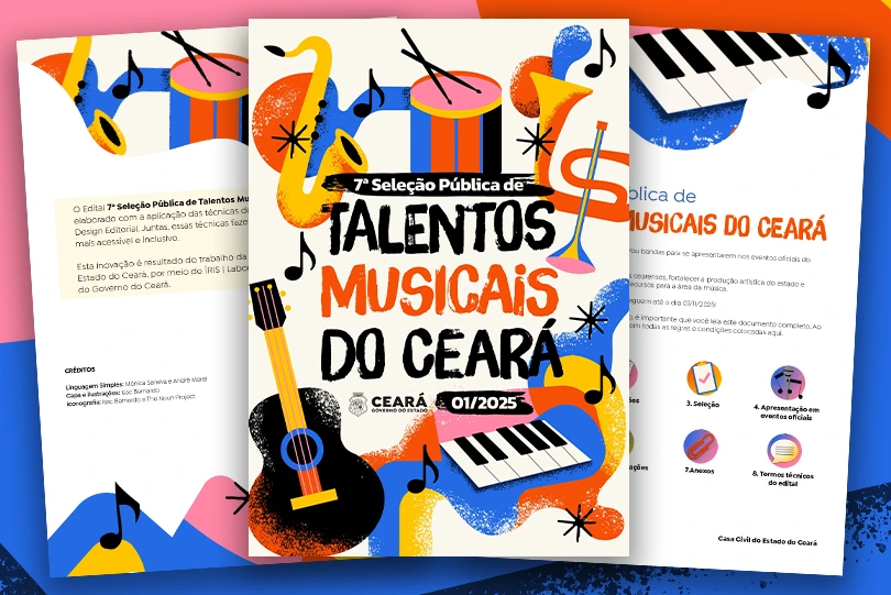 Capa e páginas internas do edital 7ª Seleção Pública de Talentos Musicais do Ceará 01/2025, com ilustrações de instrumentos musicais como violão, teclado, saxofone, trompete e bateria.