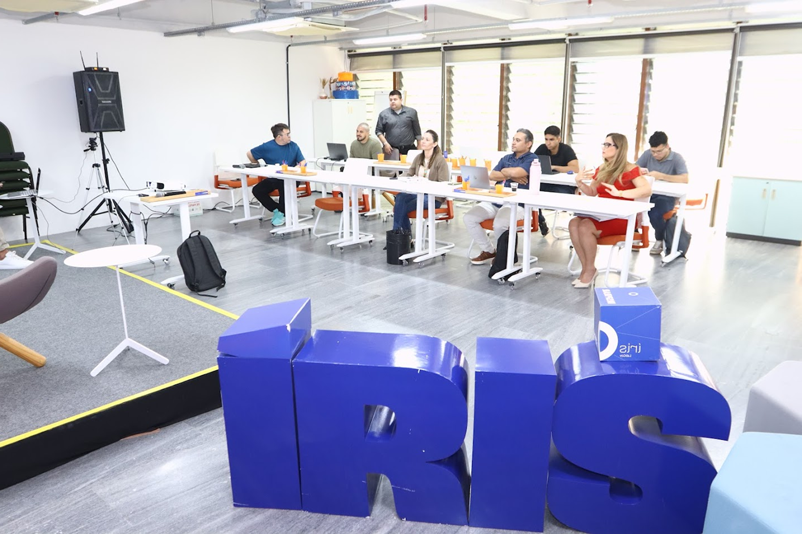 Vista ampla de uma sala de escritório com a palavra "ÍRIS" em letras grandes no primeiro plano. Ao fundo, pessoas sentadas em mesas de trabalho.