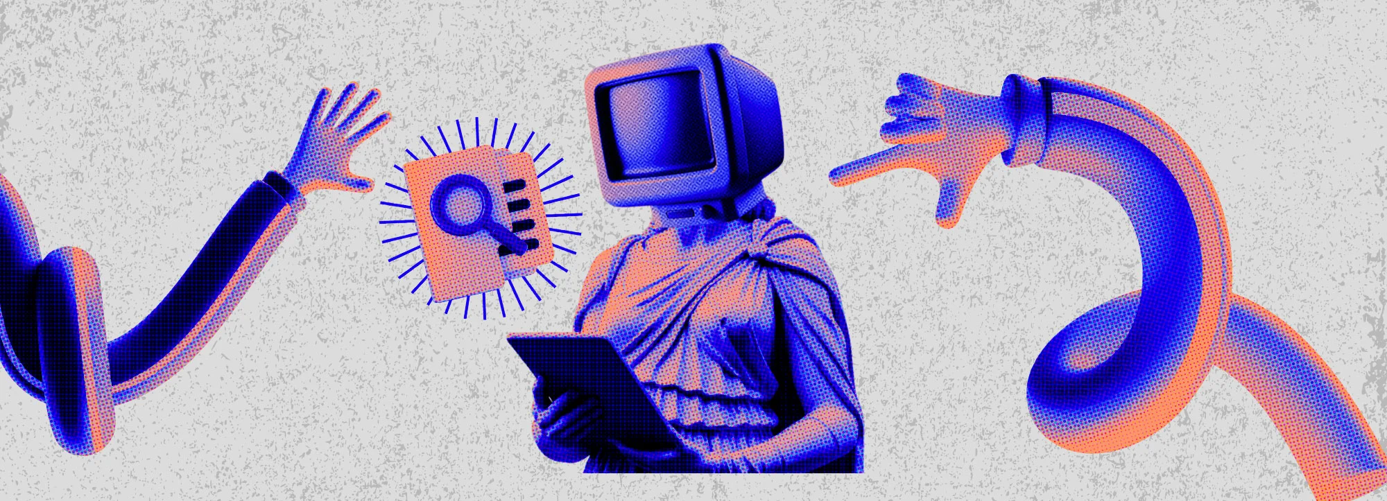 Banner: Ilustração conceitual em tons de azul e laranja. Uma figura feminina com vestimentas clássicas e a cabeça de um monitor de computador antigo segura um tablet. O elemento de pesquisa com lupa e dados flutua ao lado, com braços gesticulando ao redor.