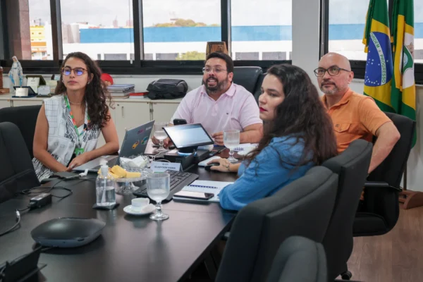 Quatro pessoas em uma reunião, dentre elas Luiza Clara, coordenadora-geral do ÍRIS, e Vladyson Viana, secretário do Trabalho do Ceará.